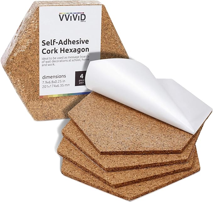 VViViD Adhesive Backed 7.9 Inch by 6.8 Inch Hexagonal 1/4 Inch Thick Cork Foam Board (8 Pack)