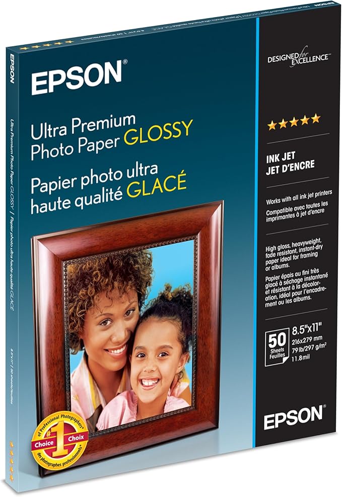 Epson Ultra Premium Photo Paper GLOSSY (8.5x11 Inches, 50 Sheets) (S042175),White