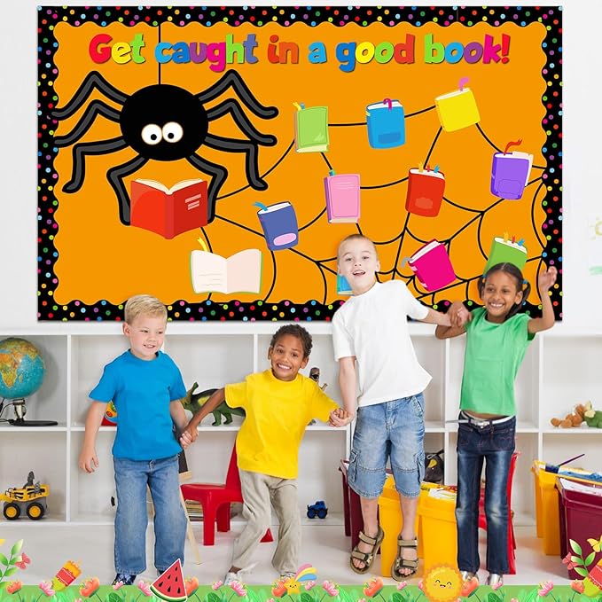 Pasimy Halloween Reading Bulletin Board Decorations Book Classroom Decor Library Bulletin Board Set Spider Paper Cutouts Border for Halloween Fall Holiday Office Home Wall Door Craft Supplies