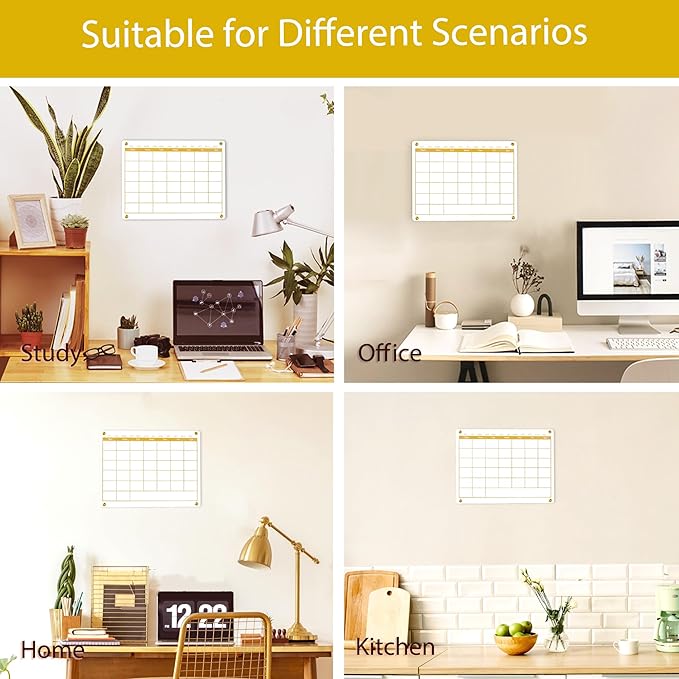 Acrylic Calendar Dry Erase Board for Wall,15.7''x11.8'', Golden Monthly Calendar Whiteboard for Home,Office, School