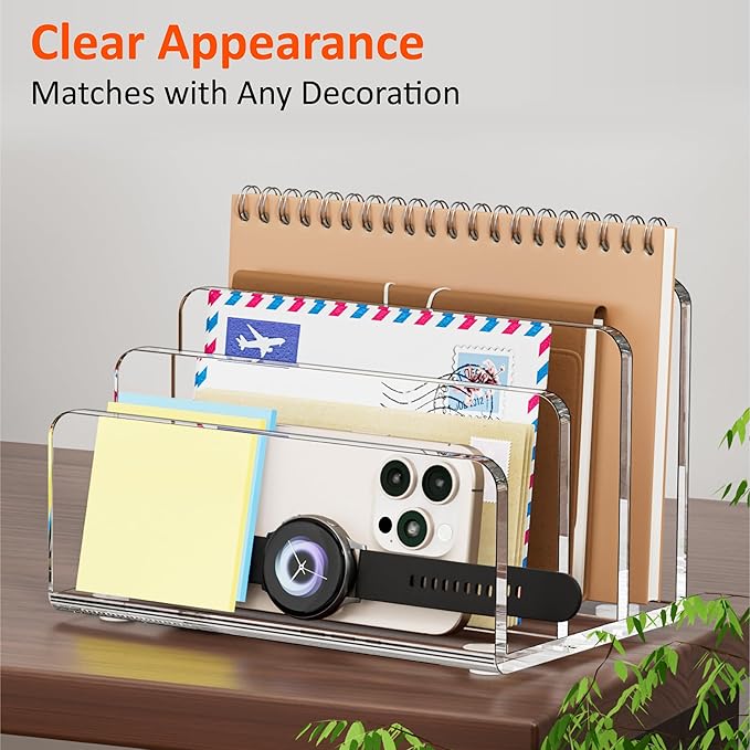 Desk Mail Organizer, 3 Section Clear Acrylic File Holder Letter Organizer, Vertical Lightweight Modern Envelope Holder Desk Accessories & Workspace Organizers for Office, Home, School