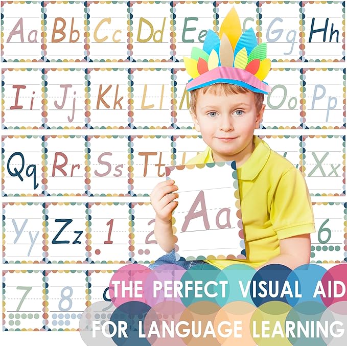 YIYDONG 36 Alphabet Posters, Alpethabet Line ABC Number Bulletin Board Set Preschool English Poster Kindergarten Elementary Classroom Wall Decor Nursery Homeschool Supplies (White)