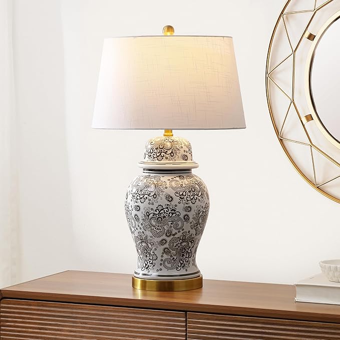 JONATHAN Y 29.5" Gray/White Ceramic Table Lamp for Living Room and Office, White Linen Drum Shade, Traditional Chinoiserie Ginger Jar Lamp, LED Bulb Included (JYL3008B)