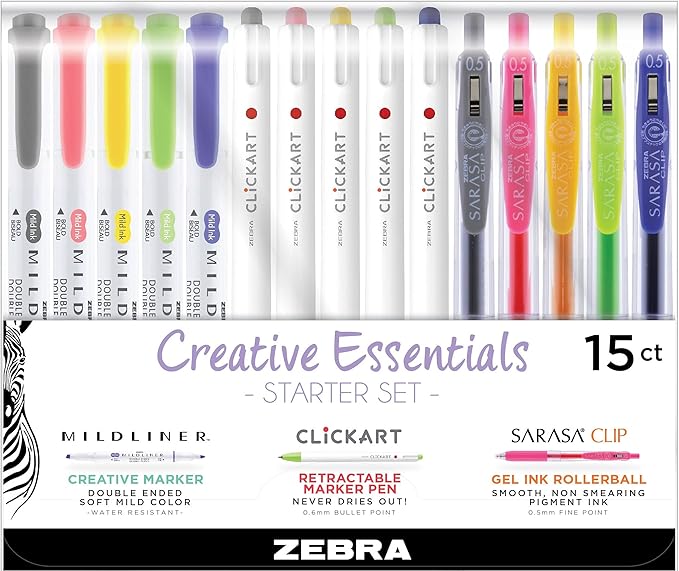 Zebra Pen Creative Essentials Starter Set, Includes 5 Highlighters, 5 Markers and 5 Sarasa Clip Retractable Gel Pens, Assorted Ink Colors, 15-Pack (76115)