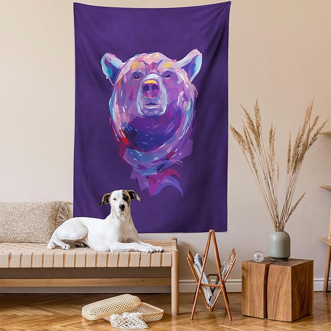 Ambesonne Bear Tapestry, Abstract Portrait with Digital Brushstrokes Wildlife Mascot Display, Wall Hanging for Bedroom Living Room Dorm Decor, 40" X 60", Purple Pink Sky Blue