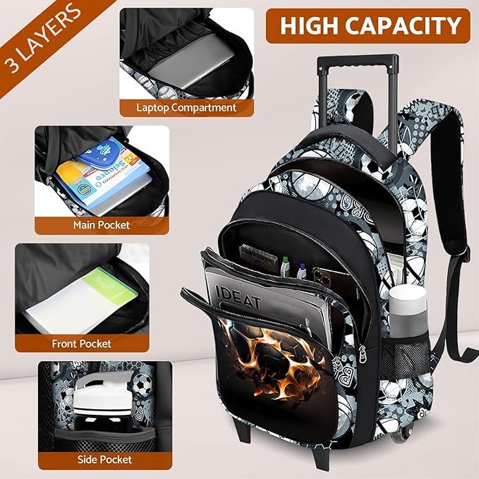 Boys Rolling Backpack for Kids - Soccer Kids Rolling Backpack with Wheels for Elementary Middle School Students - Sport Roller School Bookbag Aged 6-18, Wheeled Travel Bag Large Capacity
