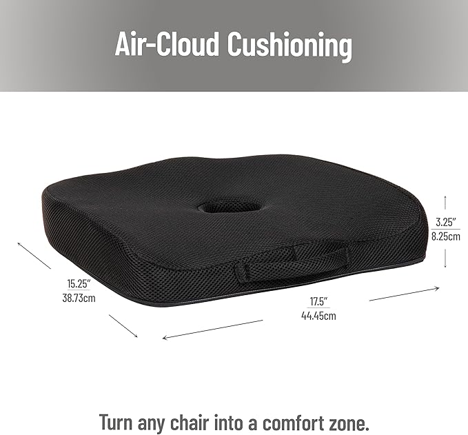 Mind Reader Gel Memory Foam Seat Cushion with Tailbone Cutout, Air-Cloud Technology, Ergonomic Support for Office Chair, Car, Sciatica, Coccyx & Hip Pain Relief, Black