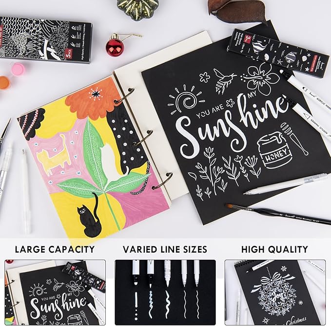 White Pens Set, 5 Pack, 1mm White Gel Pens, Dual-Tip Acrylic Paint Pen, Brush Tip Acrylic Markers for Black Paper Drawing, Sketching, Illustration, Card Making, Bullet Journaling