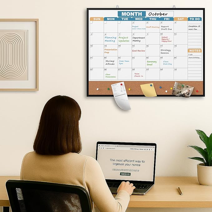 Monthly Calendar Dry Erase Board 24x18 Inch, Double-Sided Whiteboard and Corkboard Combo with Black Aluminum Frame (Color Calendar), Wall Mounted Planner with Marker, Magnet, Push Pin, Eraser