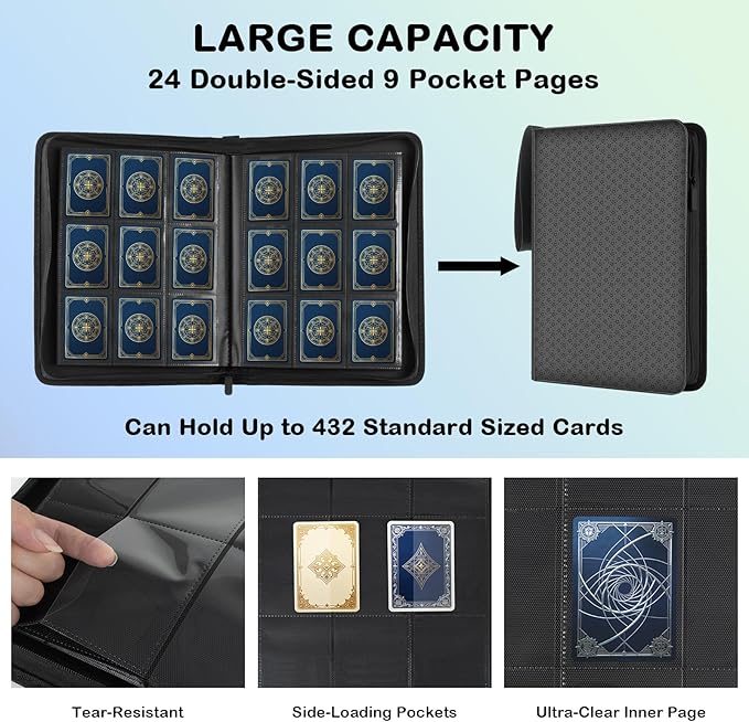 Card Binder 9 Pocket - 432 Cards, Premium Durable & Rigid PU Leather, 24 Page Zippered Side-Loading for Baseball, TCG, Trading & Sports Cards (Professional Black)