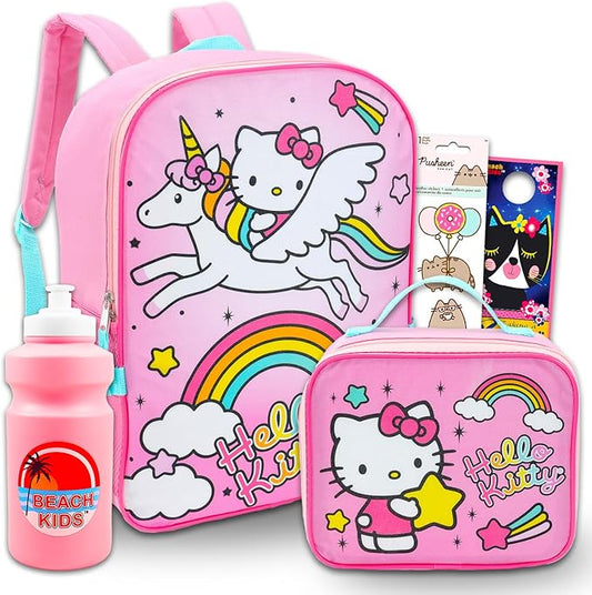SANRIO Hello Kitty Backpack with Lunch Bag for Girls - Bundle with Hello Kitty Backpack, Lunch Box, Water Bottle, Stickers, More | Girl School Backpack Set
