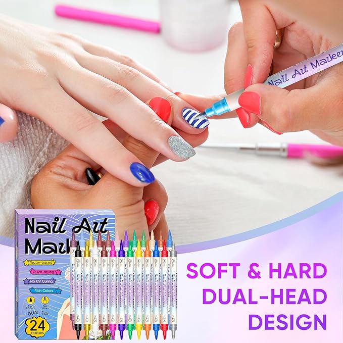 24 Colors Nail Art Pens Set, Nail Art Markers for 3D Nail Art, Nail Art Pens for Painting Nails Art Marker Drawing Painting Liner, Nail Polish Pens for DIY Nail Art Beauty Adorn Manicure Tools(1 Set)