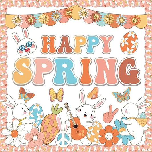 gisgfim Spring Bulletin Board Decoration Set Easter Bunny Borders Cutout for Party School Classroom Door Welcome Bulletin Board Craft Home Wall(Groovy Spring)