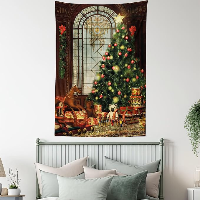 Ambesonne Christmas Tapestry Queen Size, Vintage Ambiance Big Old Fashioned Window Xmas Tree Various Presents, Wall Hanging Bedspread Bed Cover Wall Decor, Queen Size, Brown Red Green