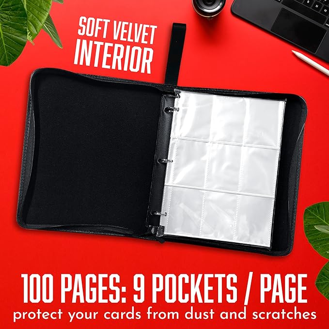 Card Binder 13"x10.5"x1.8", PU Leather Zipper Case with Handle, 9 Pocket Double Sided Pages, Holds 900 Cards, Red White Design, 3 Ring Binder with Velvet Liner for Collectible Cards