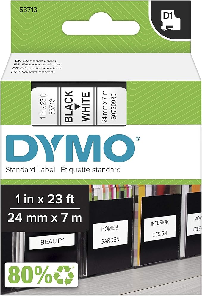 DYMO Authentic Standard D1 53713 Labeling Tape (Black Print on White Tape, 1'' W x 23' L, 1 Cartridge), Package May Vary