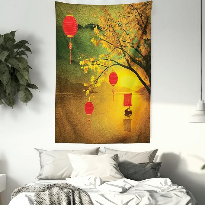 Ambesonne Oriental Tapestry Queen Size, Traditional Chinese Folk Hanging from Pale Fall Trees Lake Faded Nature Photo, Wall Hanging Bedspread Bed Cover Wall Decor, 88" X 88", Yellow Green