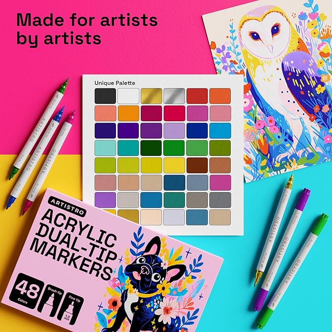 ARTISTRO 48 Acrylic Paint Markers - Paint Pens for Calligraphy, Brush + Fine Tips - For Fabric, Rock, Glass, Wood, DIY, Craft, Canvas - Art and Craft Supplies for Adults, Teens, Kids