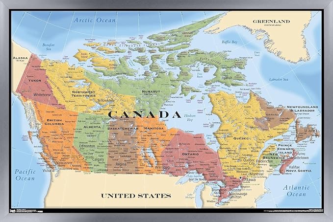 Map - Canada Wall Poster, 22.4L" x 14.7W", Silver Framed Version
