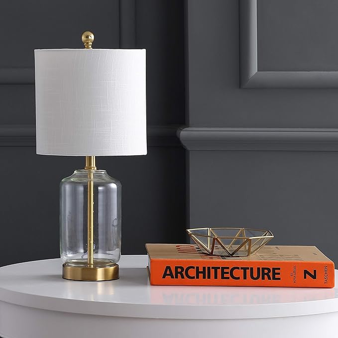 JONATHAN Y 19.5" Brass Gold and Clear Glass Table Lamp, Glam Transitional Bedside Lamp for Living Room Nightstand, White Linen Drum Shade, LED Bulb Included JYL1033A