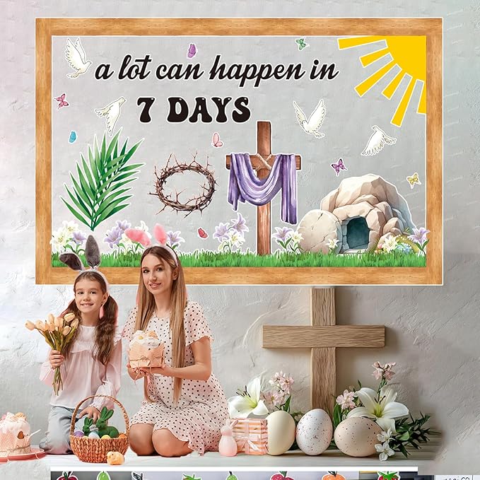 Easter Religious Bulletin Board Decorations Set with Borders Jesus Classroom Decor for Teachers A Lot Can Happen in 7 Days Bulletin Board for Class Sunday School Classroom Bulletin Board Decoration