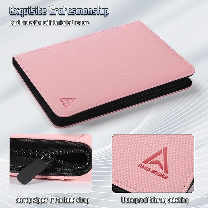 9 Pocket Card Binder - 540 Capacity with Zip Closure Premium, Double-Sided,Sturdy & Sleek PU Leather Protector for MTG, TCG, Sport & Collectible Cards (pink)