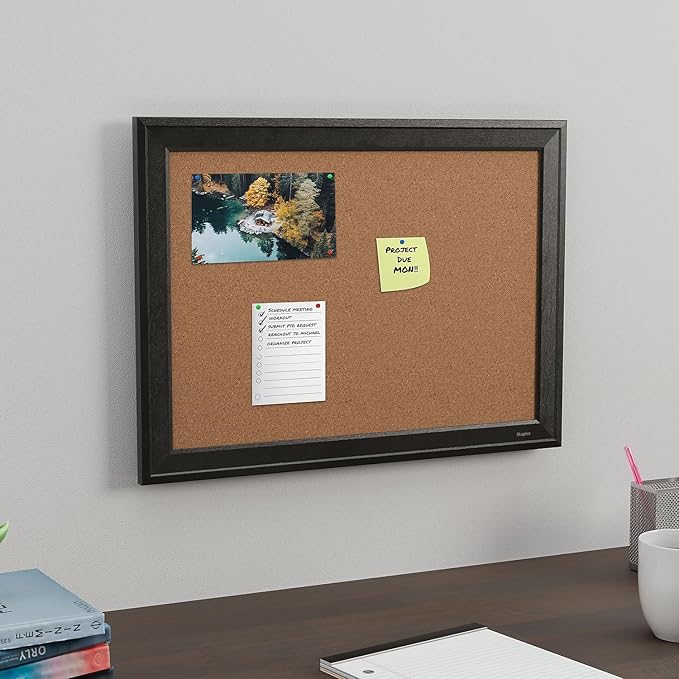 Staples Cork Bulletin Board with Black Frame, 23" x 17" Wall Mounted Bulletin Board for Home Office and School