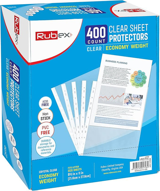 Rubex Sheet Protectors 8.5 x 11 inch Clear Page Protectors Plastic Sleeves Reinforced 11 Hole fit for 3 Ring Binder Top Loading 9.25 x 11.25 inch (400 Sheets)