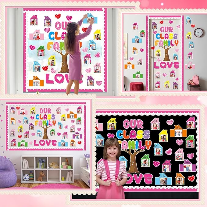 Valentine's Day Classroom Bulletin Board Decor Set with 3D Paper Photo Frame House Pink Red Heart Paper Cutouts Our Class Family is Love Tree Bulletin Board for Home Office School Classroom Wall Decor
