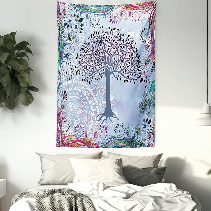 Ambesonne Nature Tapestry, Tree of Life Motif Peacock Feathers Tribal Vintage Prehistoric Flora Illustration, Wall Hanging for Bedroom Living Room Dorm Decor, 60" X 80", Blue