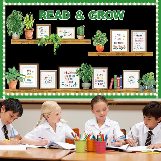 Plant Bookshelf Bulletin Board Set Read and Grow Motivational Greenery Classroom Decor Reading Library Back to School Positive Eucalyptus Potted Paper Cutouts for School Wall Decor Supplies