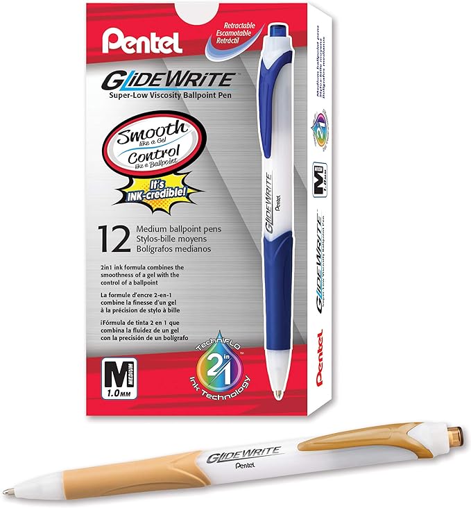 Pentel GlideWrite Ballpoint Pen with TechniFlo Ink, (1.0mm) Medium Line, Antique Gold Ink, Box of 12 (BX910-X)