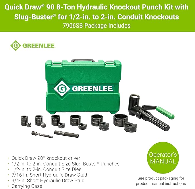 Greenlee 7906SB 8-Ton Hydraulic Knockout Punch Kit with Quick Draw 90 Knockout Driver, 1/2" to 2" Slug-Buster Punches, Dies, and Short Hydraulic Draw Studs