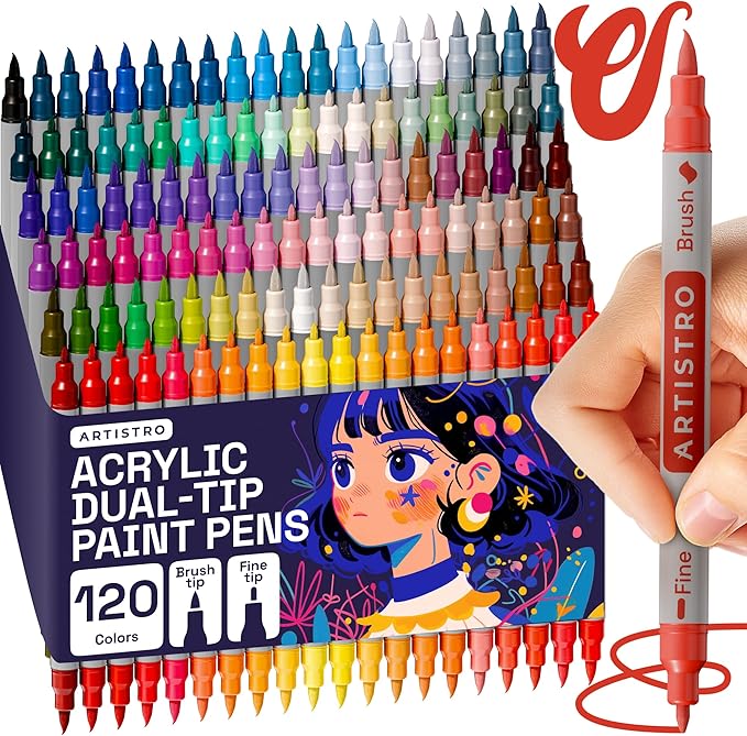 ARTISTRO 120 Acrylic Paint Markers - Paint Pens for Calligraphy, Brush + Fine Tips - For Fabric, Rock, Glass, Wood, DIY, Craft, Canvas - Art and Craft Supplies for Adults, Teens, Kids