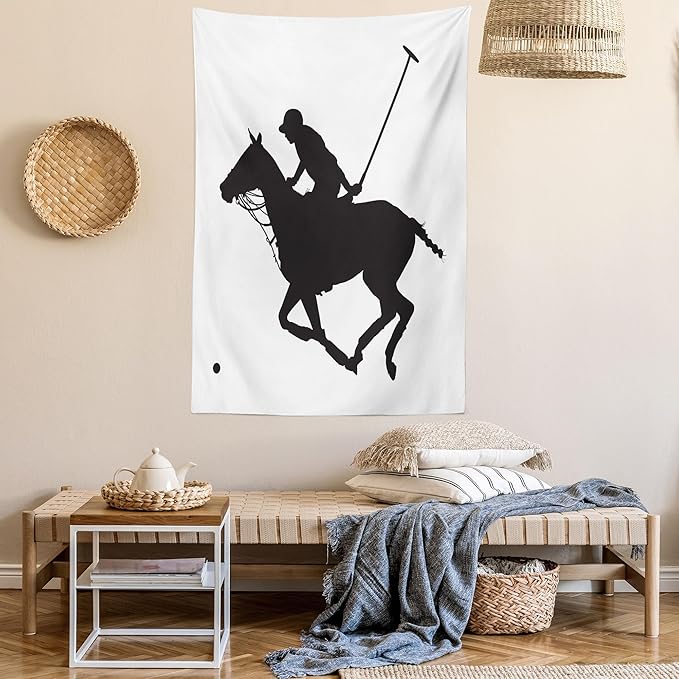 Ambesonne Sports Tapestry, Silhouette Illustration of Polo Player on a Horse Hitting a Ball Print, Fabric Wall Hanging Decor for Bedroom Living Room Dorm, 30" X 45", Charcoal Grey