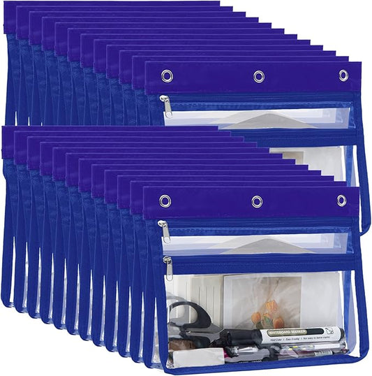 YoeeJob 24 Pack Zipper Pencil Pouches for 3 Ring Binder, 1.5 Inch Expandable with 2 Pockets and Clear Window for School and Office （Blue）