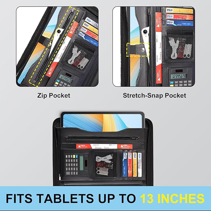 Eshow Leather Portfolio Professional Business Padfolio with Zipper - Interview Resume Notefolio Premium Legal Document Organizer with Card Holder, Writing Pad and File Folders for Men and Women