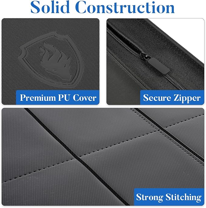 Premium Zip Card Binder, Fabmaker 9 Pocket Trading Card Binder, PU Cover Zipper Card Collection Album, Sturdy 360 Side-Loading Card Folder Holder for Game & Sports Cards, Black