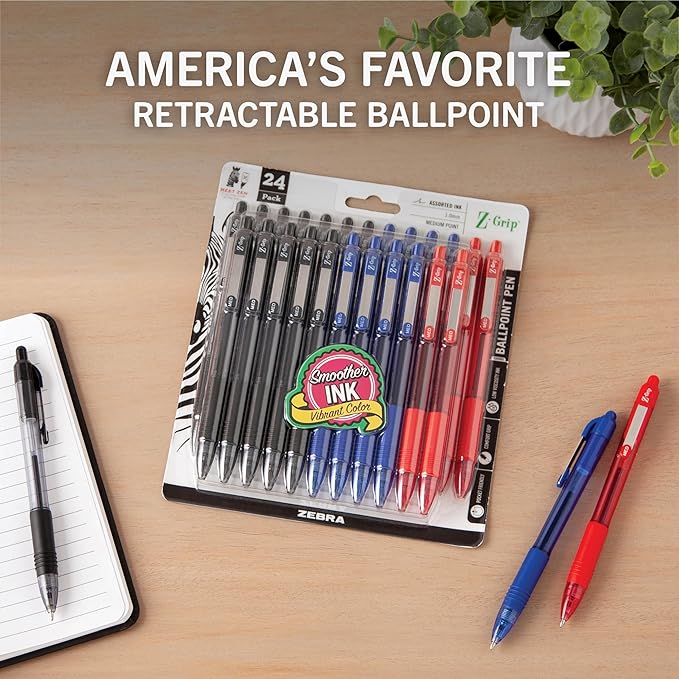 Zebra Pen Z-Grip Retractable Ballpoint Pen, 1.0mm Medium Point, Assorted Business Colors, School & Office Supplies, Ideal for Note-Taking, Journal and Planner Use, 24-Pack (12224)