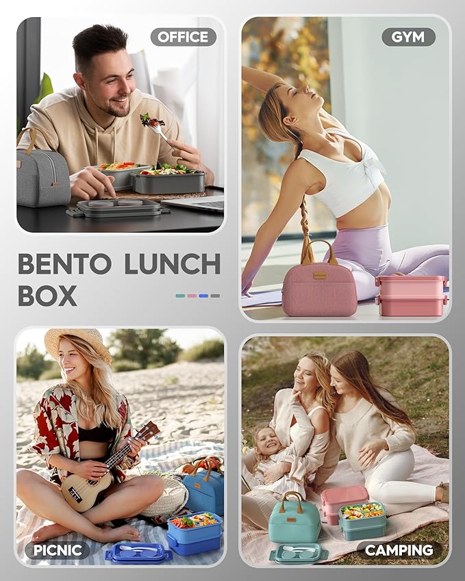 Adults Bento Lunch Box Set with Thermo Bag, 74oz Stackable Leak-proof 3-tiers Bento Box, Built-in Utensil and Sauce Container for Work, School, Dining Out (Gray)