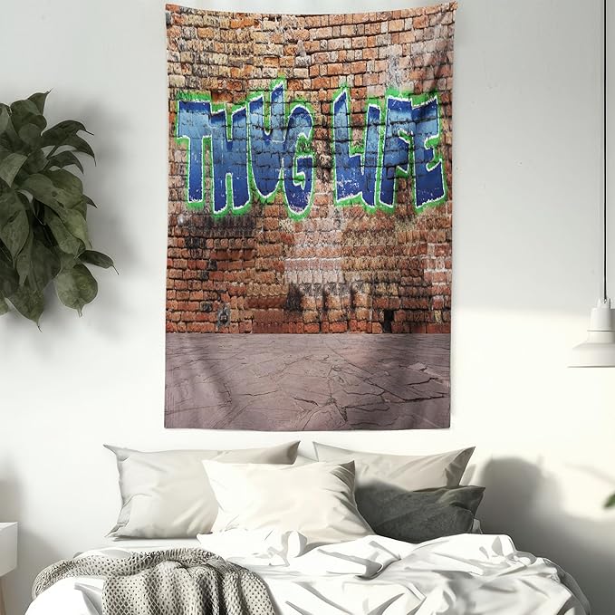 Ambesonne Thug Life Tapestry, Graffiti Style Words on a Brick Wall Street Urban Art Hip Hop Rap Culture Theme, Fabric Wall Hanging Decor for Bedroom Living Room Dorm, 23" X 28", Brown Blue