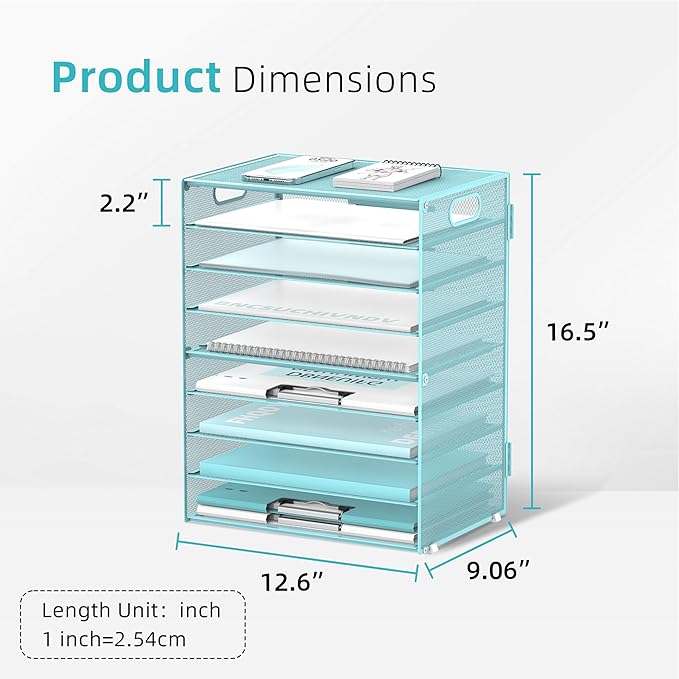 DALTACK 9-Tier Paper Letter Tray Desk Organizer with Handles, Mesh File Holder Organization, Paper Sorter Desk Organizer for Office Home School, Blue 2 Pack