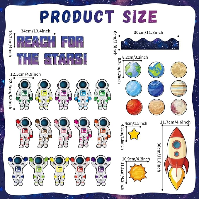 Outer Space Bulletin Board Decoration Set Space Themed Decor Back to Astronaut DIY Photo Craft Paper Cutouts Galaxy Borders Solar System Planet Spaceship Themed Party Supplies