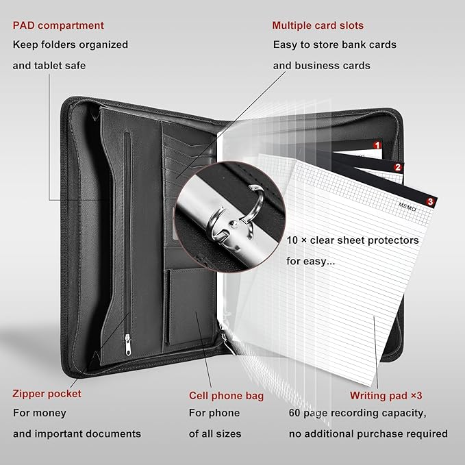 Leathario Portfolio Binder, Includes 10 Sheet Protectors and 3 Notepads, 3-Ring Folder Organizer, A4 Padfolio with Zipper, Vegan Leather Tablet Sleeve, Business Office Conference Clipboards