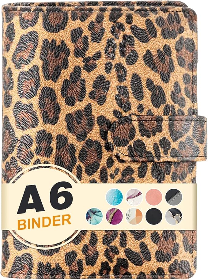 A6 Refillable 6 Ring Faux Leather Budget Binder,Mini Notebook Binder Cover for A6 Filler Paper,Loose Leaf Personal Planner Cover with Magnetic Buckle Closure (Leopard)