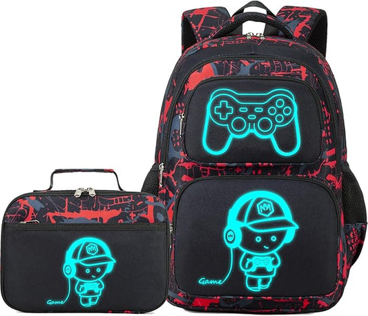 Boys Backpack with Lunch Box Glow in Dark Gamer Bookbag Kids Ages 4-12 Kindergarten Elementary Middle School Gaming Backpack, Luminous Game Boy Black Red