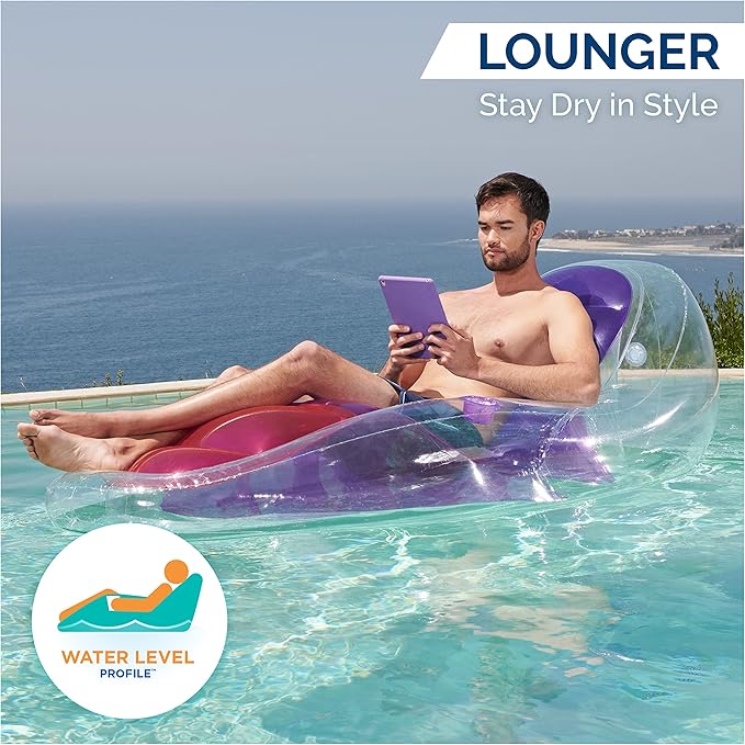 Swimways Dry Float Lounger Pool Float, Translucent Inflatable Recliner Chair for Adults with Fast Inflation, Foot Rest & Cup Holder