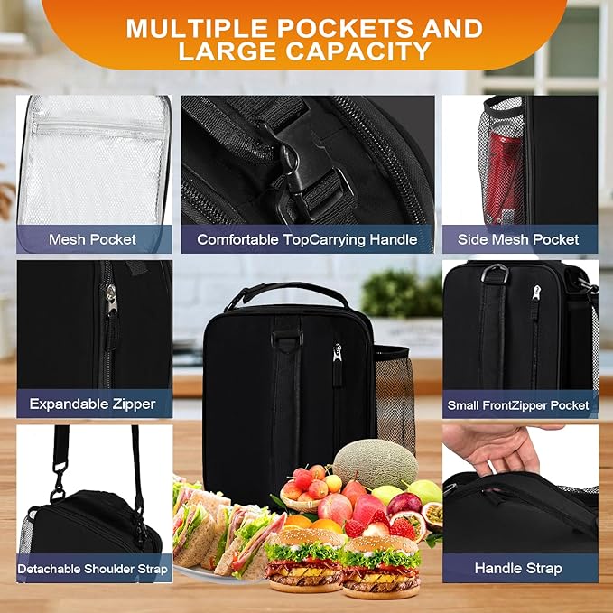 Expandable(18cans) Lunch Box Insulated Lunch bag for Men Kids Boys Teens Adult Portable Stylish Small Lunchbox With Shoulder Strap for Working Office school Picnic
