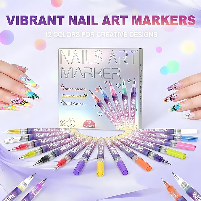 12 Colors Nails Art Pens Set,0.55mm Ultra Fine Tip,Upgraded Gel Nail Markers for 3D Designs,DIY Nail Painting Detail Drawing Tools(A-1 Set)