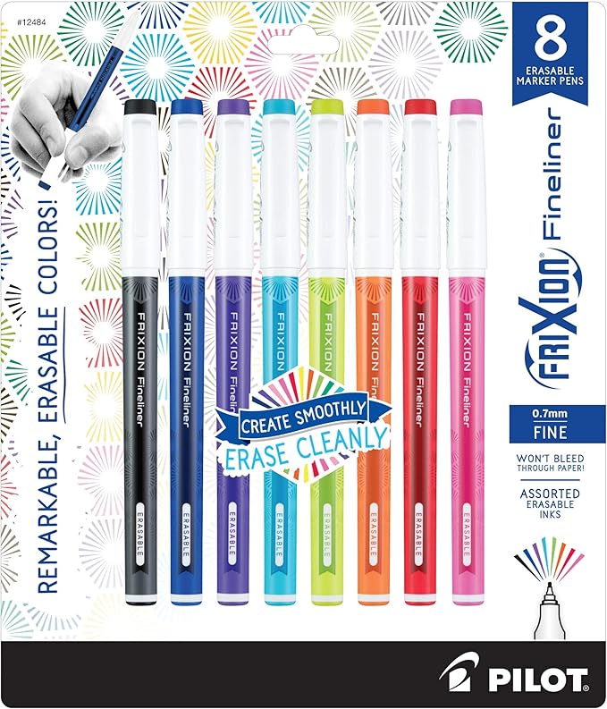 Pilot FriXion Fineliner Erasable Marker Pens, Fine Point 0.7 mm, Pack of 8, Vivid Colors, Erasable Pens - Ideal for School, Journaling, & Office Writing
